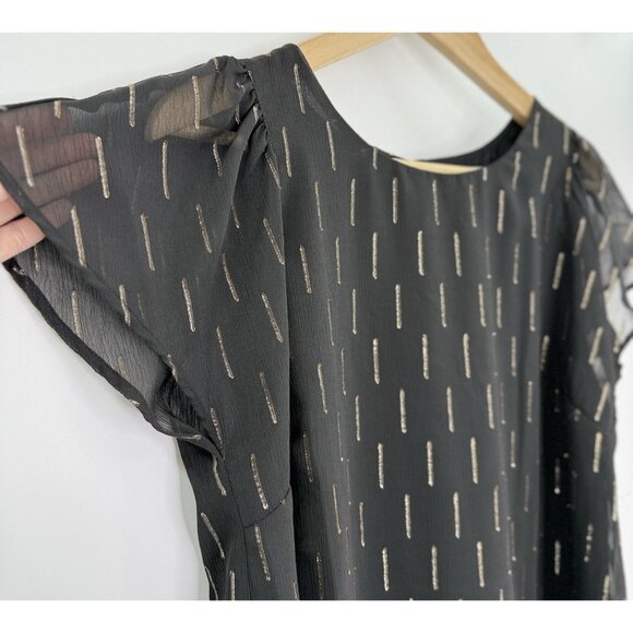 Cece Black Chiffon Flutter Sleeve Blouse Lined Metallic Print Sz M Office Preppy - Picture 4 of 9